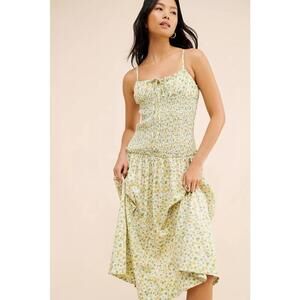 Free People Lavender Daze Green Dress Size M Cottage Core Drop Waist Smocked